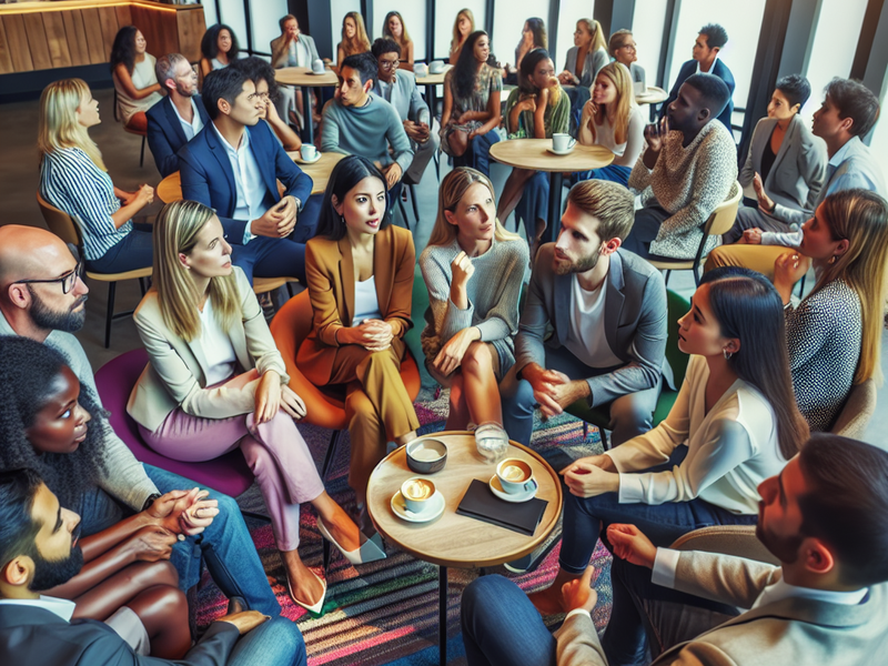 Pessoas discutindo em um café moderno