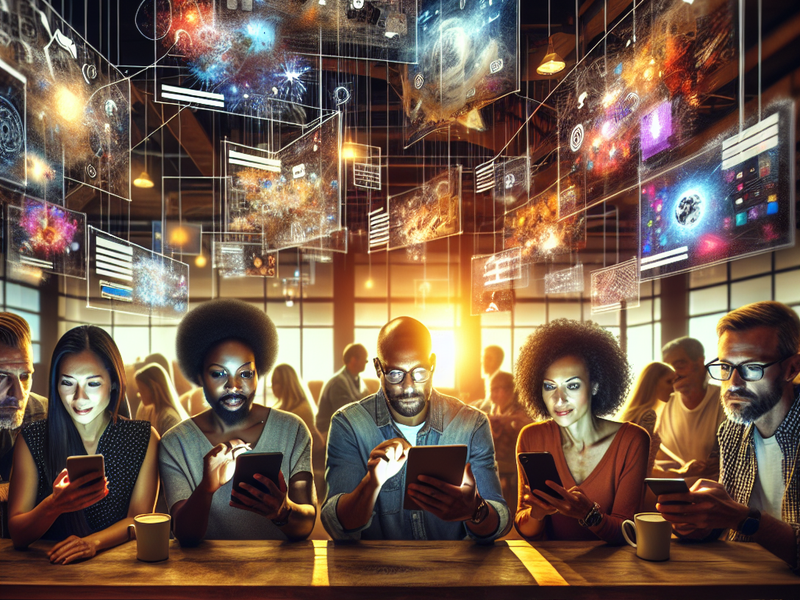 Pessoas interagindo em dispositivos digitais em um ambiente moderno