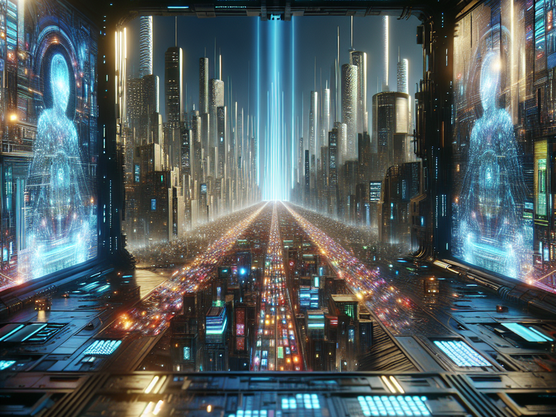 Futuristic cityscape with glowing screens and holograms