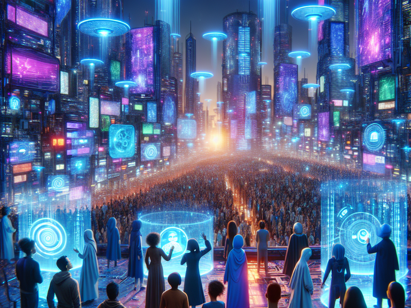 Cidade futurista com interfaces de IA holográficas