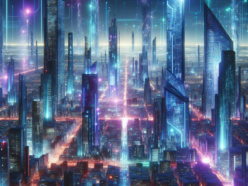 Cidade futurista com humanos e robôs coexistindo