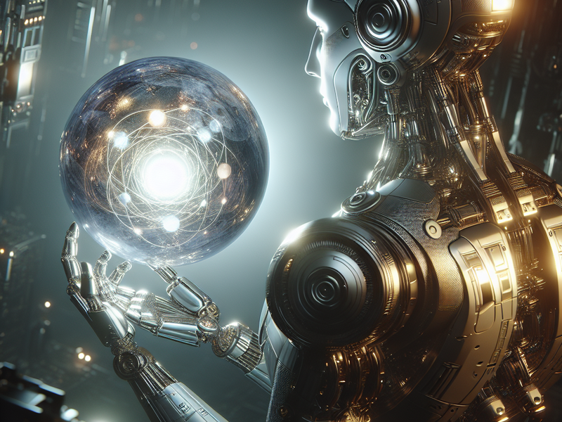Robô futurista segurando um orbe brilhante