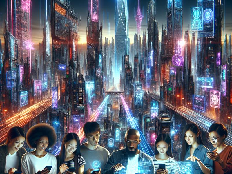 Group of people interacting with futuristic social media interfaces