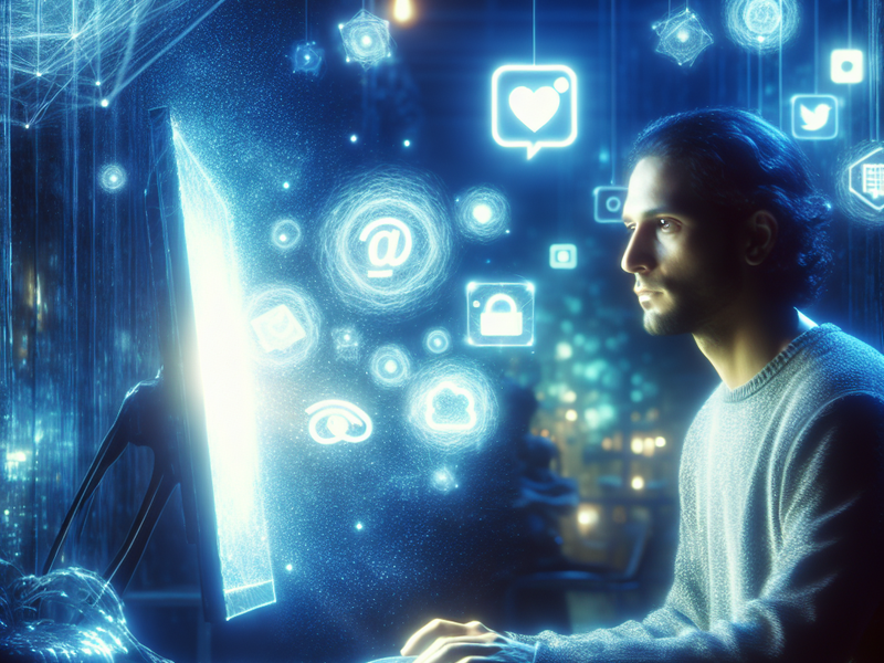 Pessoa interagindo com hologramas de redes sociais