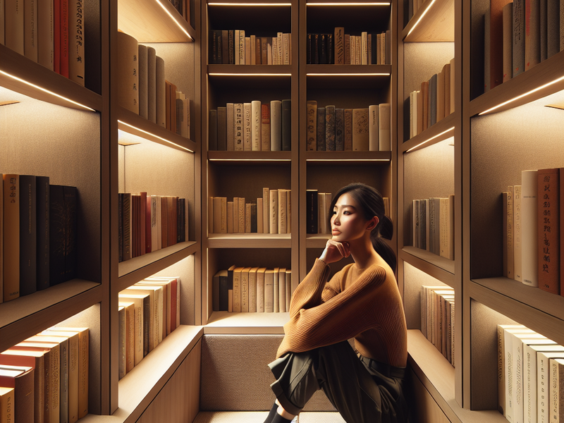 Pessoa refletindo em uma estante de livros