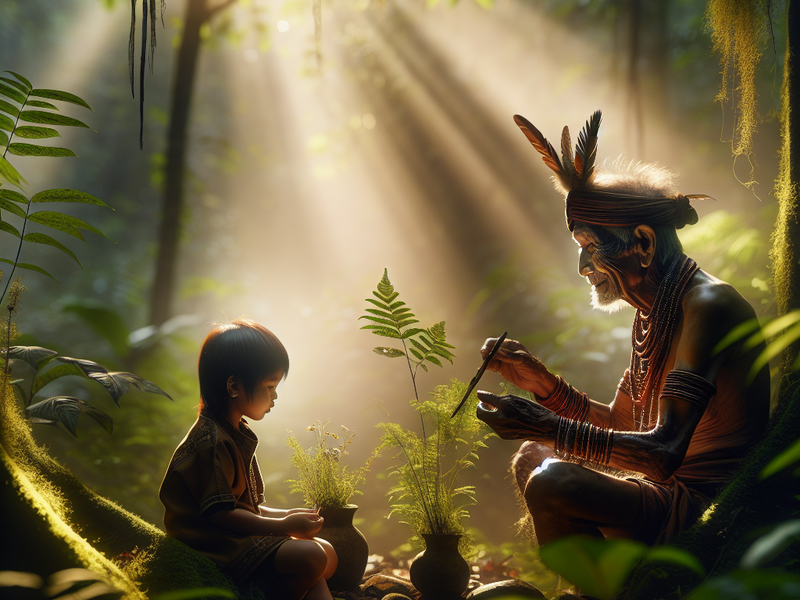 Elder teaching child about medicinal plants